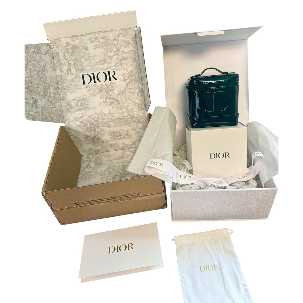 Dior Black Patent Leather Square Vanity Case Makeup Pouch with Gift Packaging